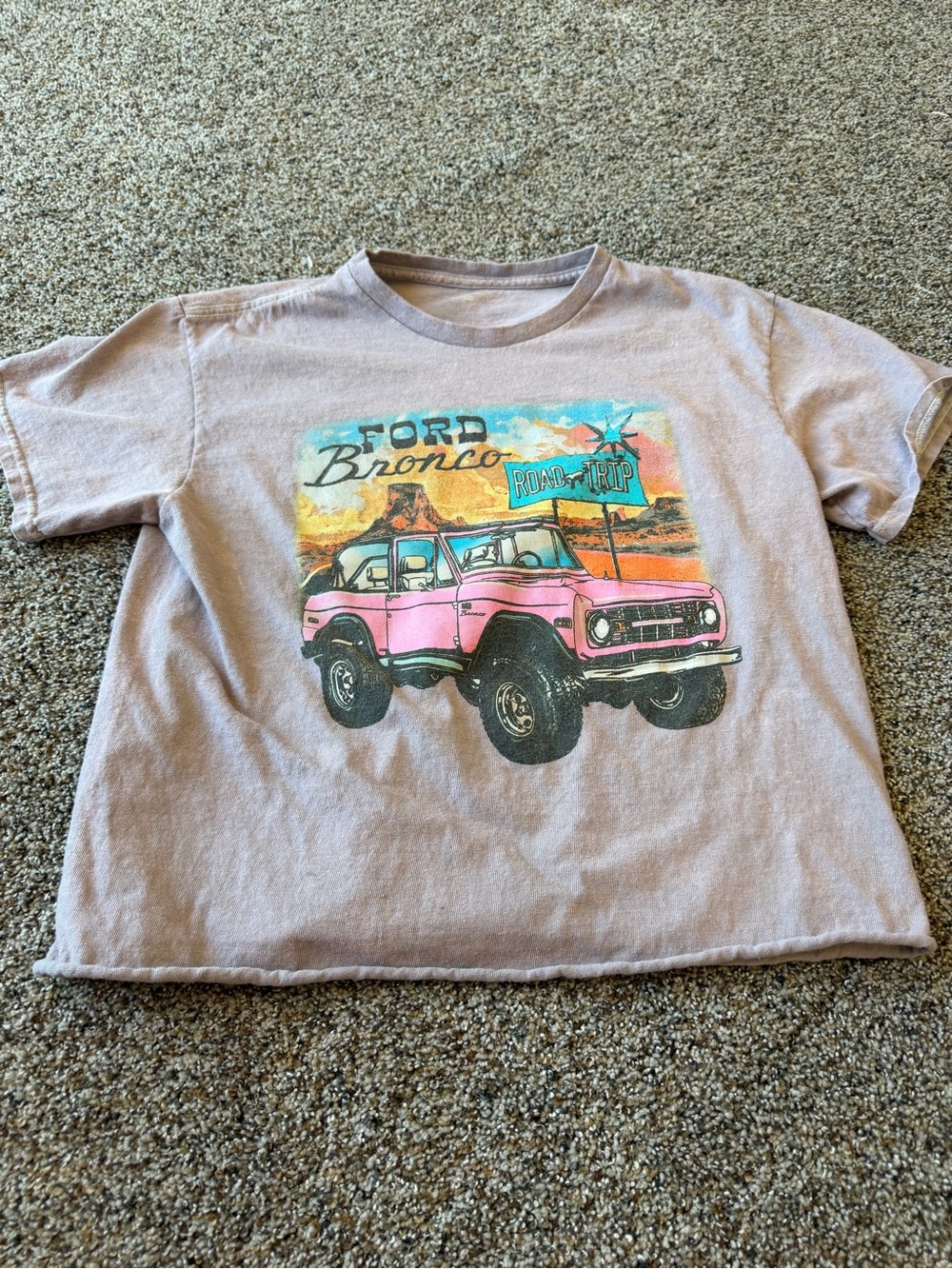Ford Bronco Women’s Oversized Crop Tee Pink Road Trip Desert Graphic Raw Hem
